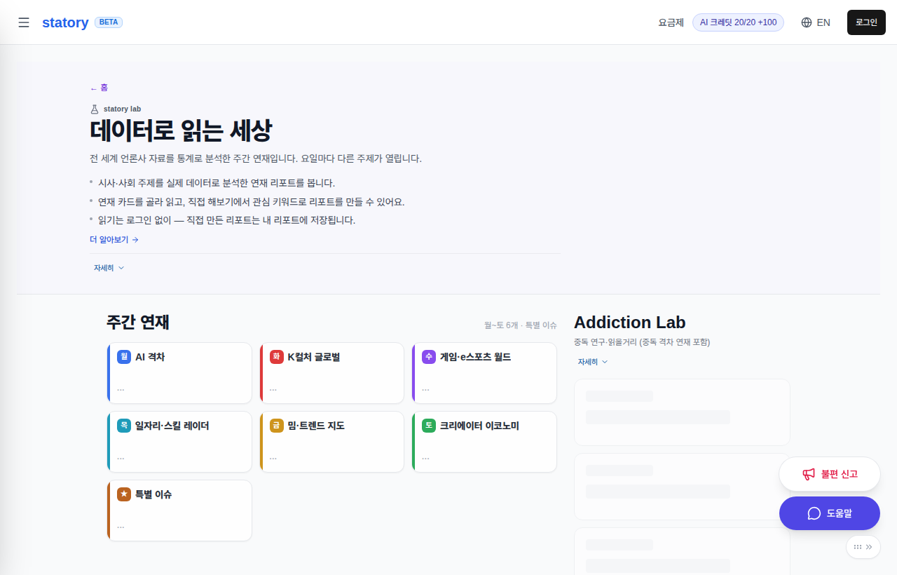 ① Read serials analyzed from global news coverage as data. The weekly series runs six tracks by weekday — Mon "AI Divide", Tue "K-Culture Global", Wed "Game & Esports World", Thu "Jobs & Skills Radar", Fri "Meme & Trend Map", Sat "Creator Economy" — plus a ★ "Special Issue".