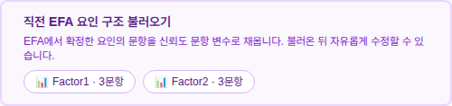 ③ Move on to reliability and the items of the factor you just confirmed are offered as a suggestion — click to fill, adjust if needed, run. No re-picking items one by one.